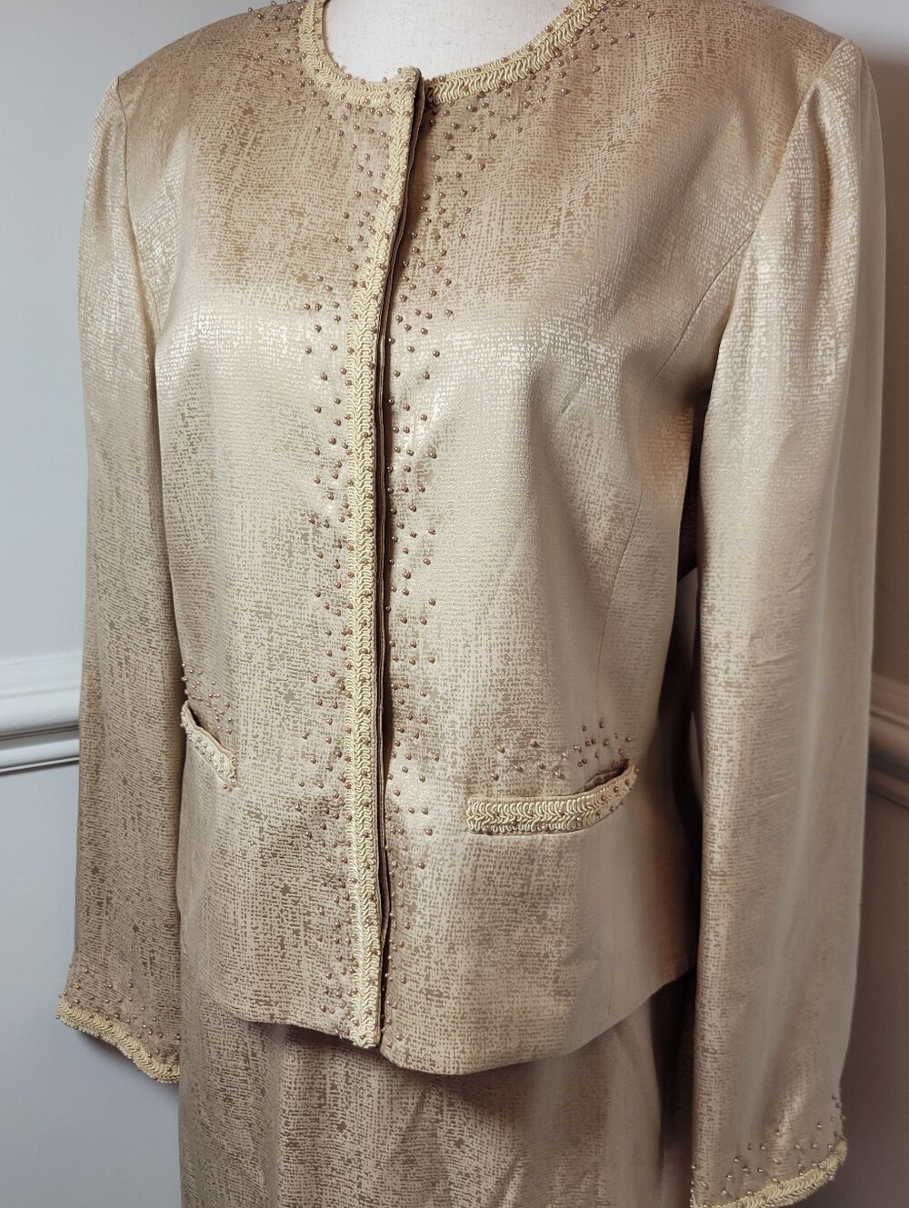 Adrianna Papell Silk Skirt Suit 10 Beaded Champagne Mother of Bride Formal